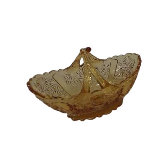 Amber Glass Basket Small Daisy Pattern Split Twig Handle Candy Dish - Picture 2 of 10
